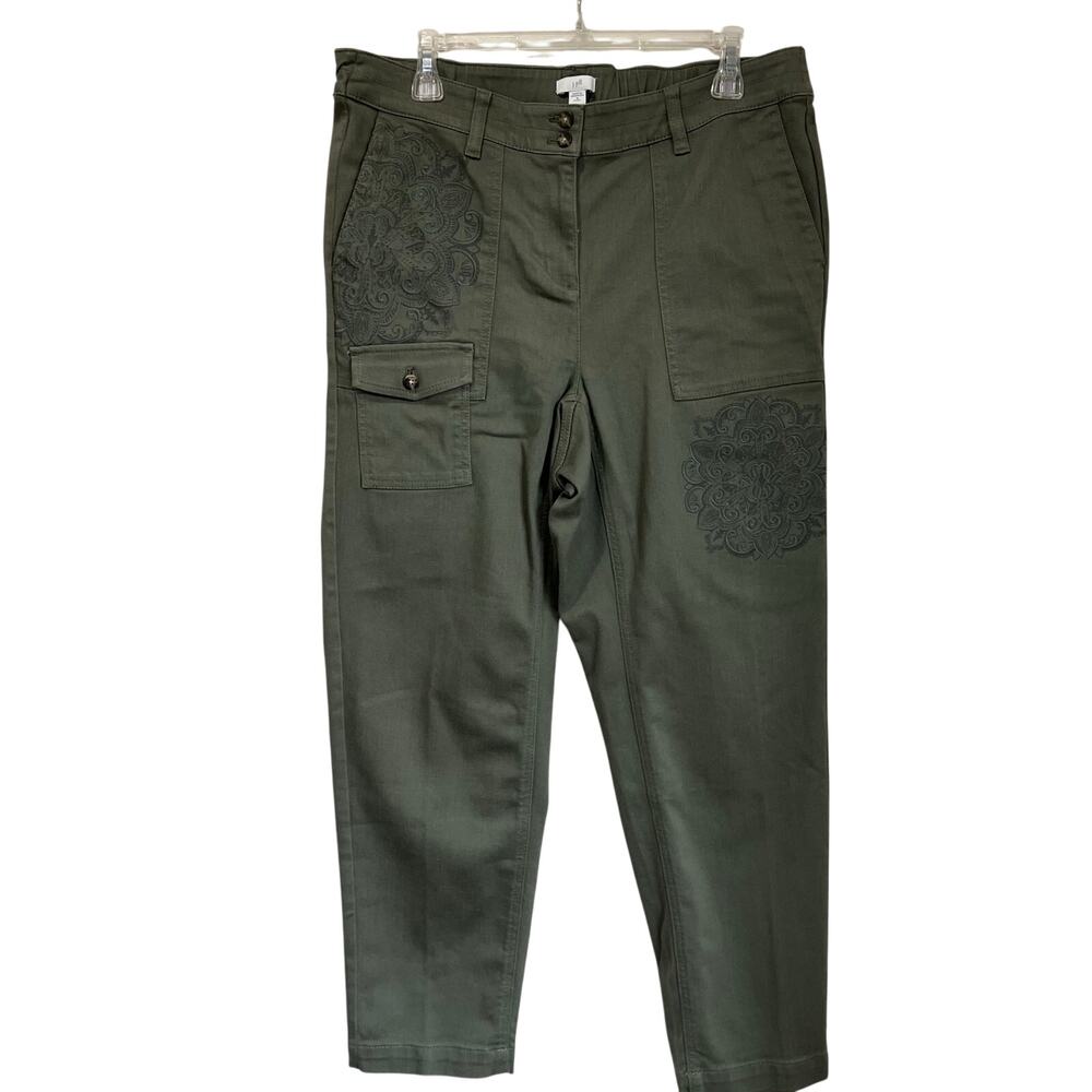 J.Jill Cargo Pants 15P Sage Green Stretch Embroidered Pockets Ankle Utility